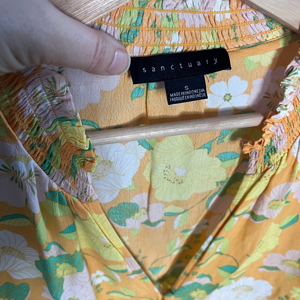 Sanctuary Yellow Floral Smocked V-Neck Button Front Tie Hem Blouse Small - Picture 2 of 7
